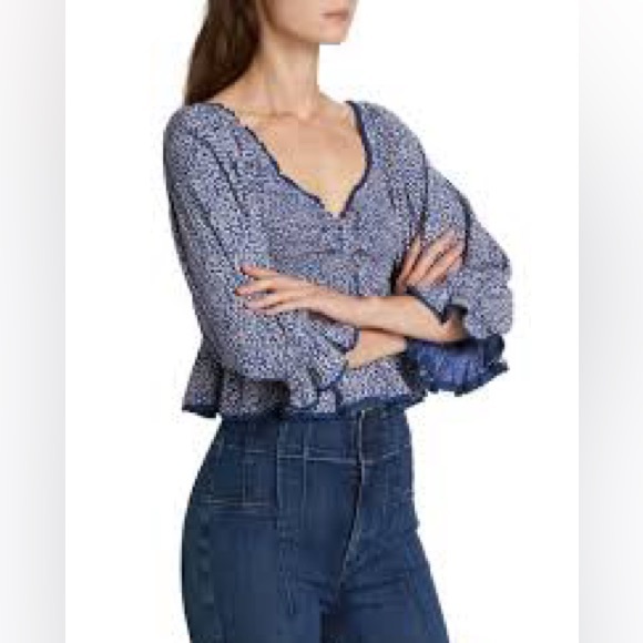 Free People Brittnee Printed Top in the color Blue Combo. NWT size Medium. - Picture 6 of 8